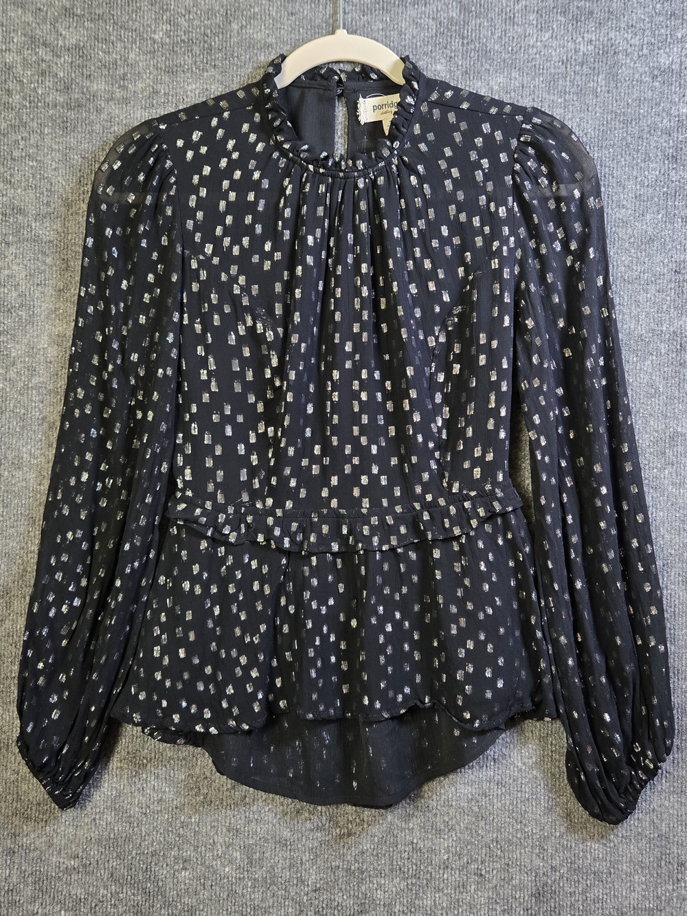 Porridge Top Womens S Black Silver Crinkle Shimmer Ruffle Open Back Festive